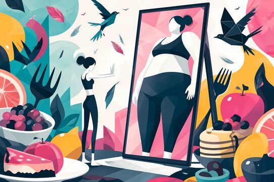 Anorexia nervosa distorted body image concept illustration showing distorted mirror reflection