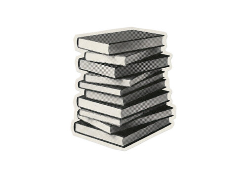 Stack of books with halftone texture in a monochrome comic book style, on a transparent background