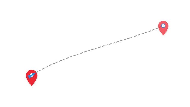 Blue navigation arrow animation traveling along a dashed line between two red map markers video footage