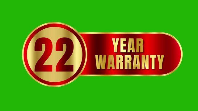 Animated golden 22 year warranty badge asset with reflective red metallic banner isolated on chroma key green background 4k video