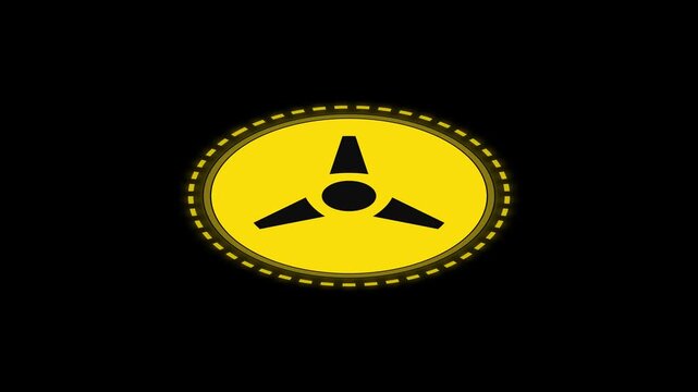 Glowing yellow circular hazard symbol spinning in an animated digital motion clip against black background