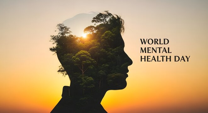 Double exposure silhouette of a human head with trees and sunset for world mental health day concept