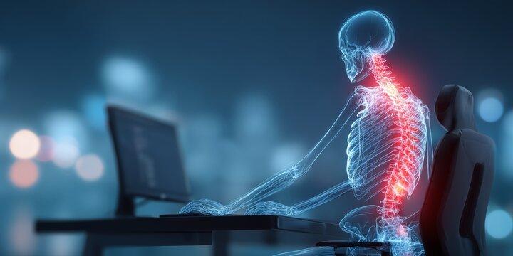 A translucent blue skeleton sits at a computer desk with a glowing red spine indicating back pain in a blurred office setting.