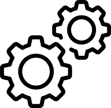 Two interlocking gears icon, mechanical engineering concept, teamwork, connection, outline illustration