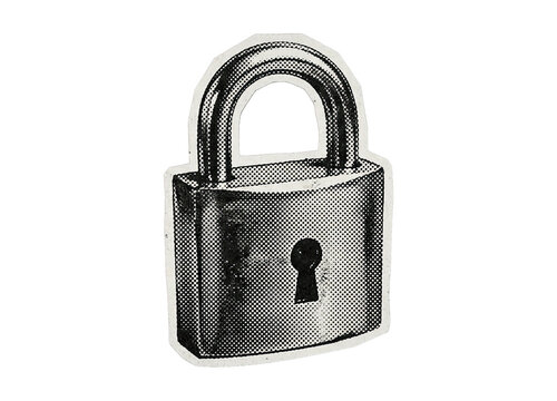 Halftone style metal padlock illustration with a textured, vintage comic book effect