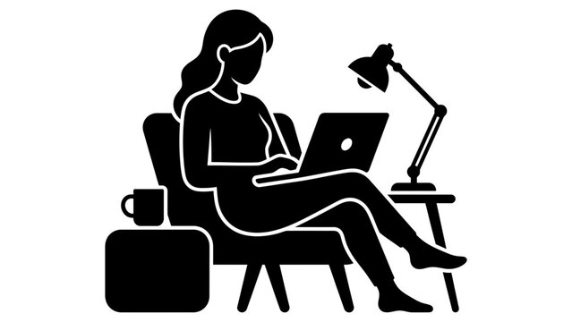 Business woman silhouette working on laptop computer in home office with lamp and bag