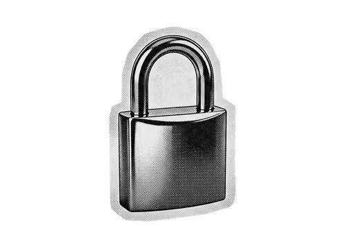 Padlock with a classic metal finish rendered in halftone dot comic style on a transparent background