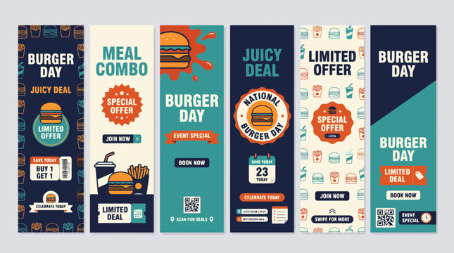 Vintage burger day vertical banner set, retro fast food meal combo promotion templates, restaurant marketing web headers