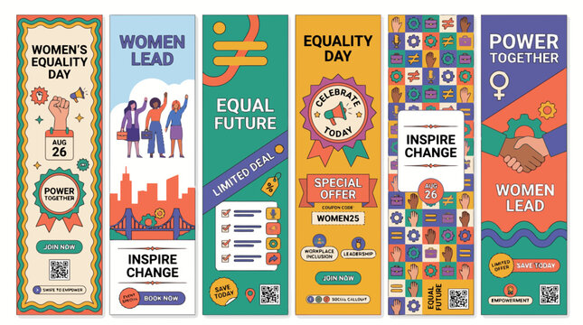 Women's Equality Day vertical banner set, feminist empowerment posters for social media, colorful flat vector web templates