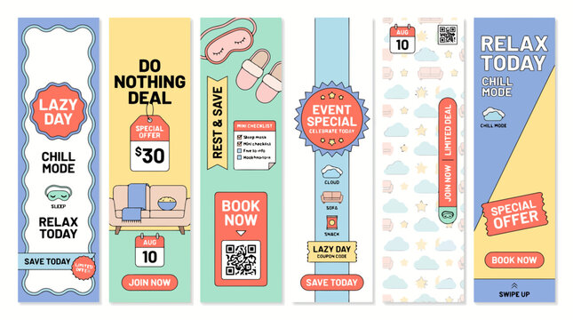 Pastel vertical web banners set for spa and relaxation sales. Flat vector social media stories for wellness deals. Cute marketing templates.