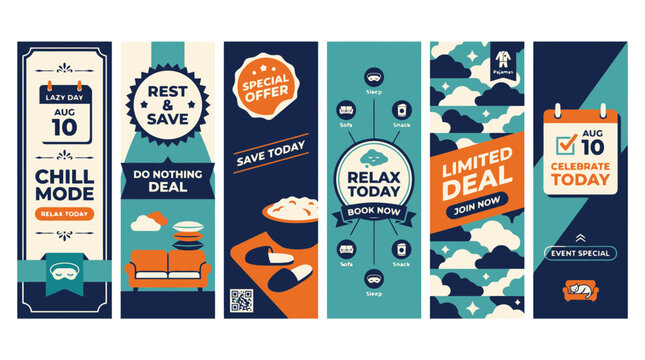 Modern vertical banner set for travel and relaxation, flat vector marketing templates, blue and orange promotional web headers