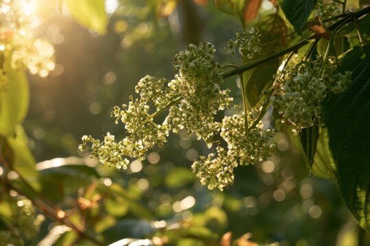 Sunlit Kratom blossoms amid green foliage in a tropical forest