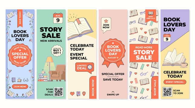 Pastel book lovers day social media banners, set of 6 vertical story sale templates, literary event promotion graphics with flat illustrations