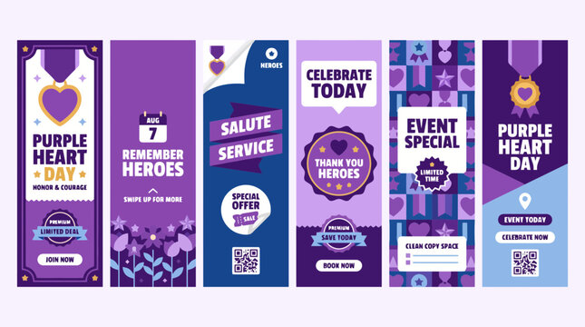 Purple Heart Day banner set, military hero appreciation vertical flyers, salute service event templates, 6 vector layouts