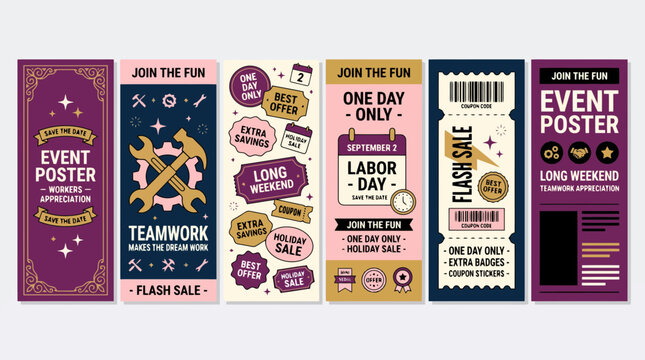 Vintage event poster set, retro labor day sale banners, collection of 6 vertical promotional flyers, teamwork and holiday sale vector templates