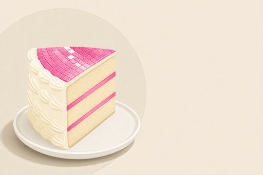 Pink cake slice on plate with minimal background in sweet dessert render