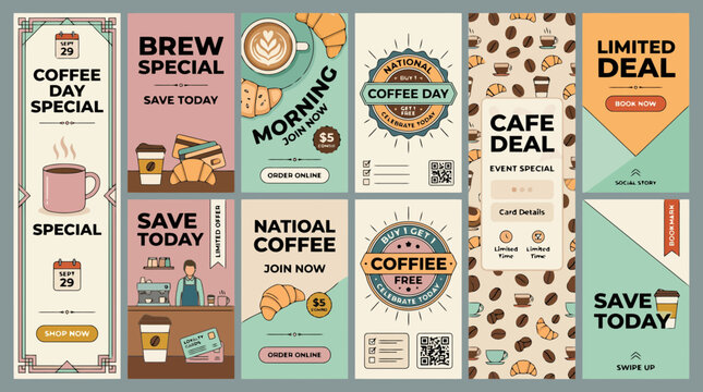 Vintage coffee shop social media stories, retro cafe marketing banners with 10 templates, coffee day promotional vector set