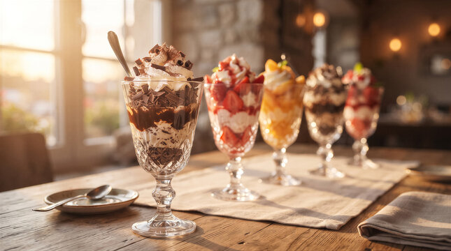 A row of delicious assorted ice cream sundaes in elegant crystal glasses on a rustic wooden table in a sunlit cafe setting