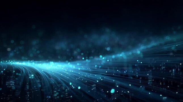 Cyan glowing optical fiber wave burst and high-speed data particle stream surging across cyber night city (AI Generated)