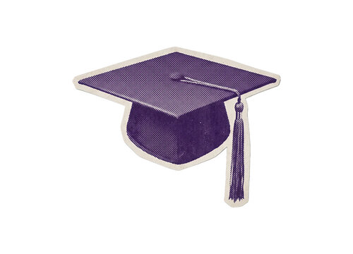 Purple graduation cap with tassel and halftone texture cutout on transparent background