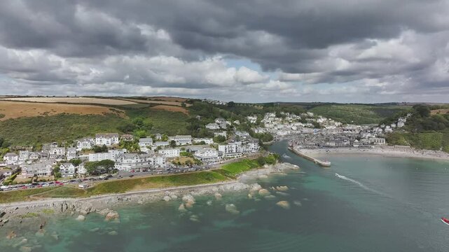 Beach and Cliffs over Looe Bay from a drone, Looe, River Looe, Cornwall, England