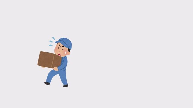 Animation a hardworking delivery worker carrying a heavy cardboard box with effort and sweating on a simple light grey background