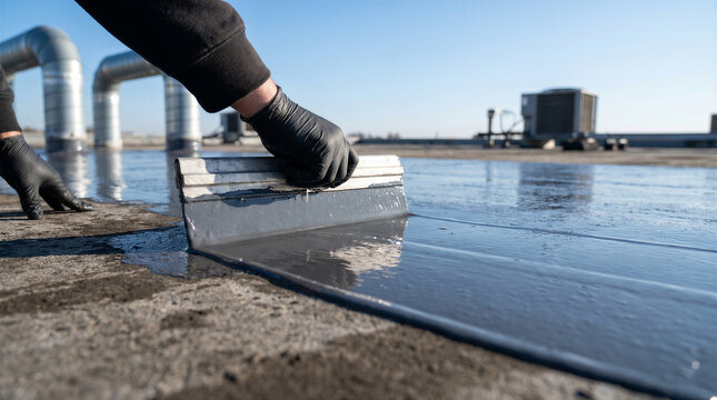 Professional worker applying liquid waterproofing membrane on a flat roof surface using a squeegee tool for construction maintenance