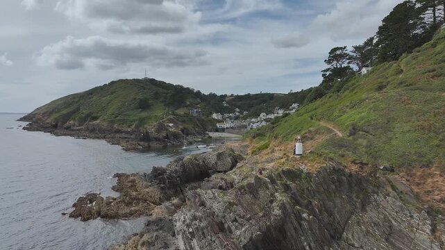 Polperro Harbour and Village from a drone, Polperro, Looe, Cornwall, England