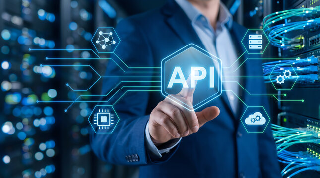 Executive hand pressing API glowing hologram button in cloud software data center