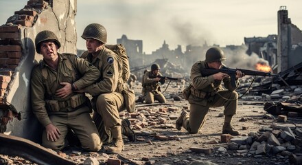 Fototapeta premium Injured man soldier supported by comrade during battle. Historical war reenactment in a ruined city. Military combat operation concept.