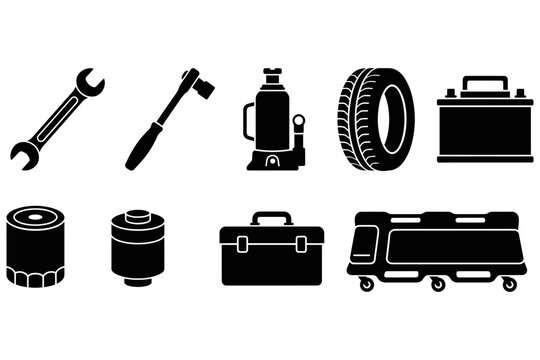 Set of black silhouette icons representing automotive repair tools and essential car maintenance equipment for professional garage services