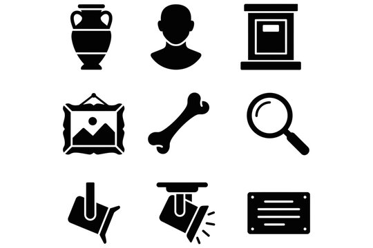 A set of nine black silhouette icons depicting concepts related to art history detective work and research