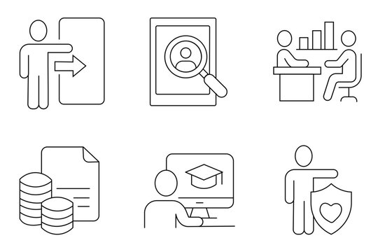 Line art icons representing human resources themes like recruitment training finance and employee care