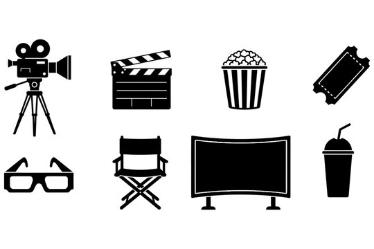 Black silhouette icons representing cinema entertainment including film camera popcorn and movie tickets