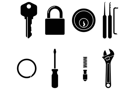 Security tools and implements including keys locks screwdrivers and wrenches in black silhouettes