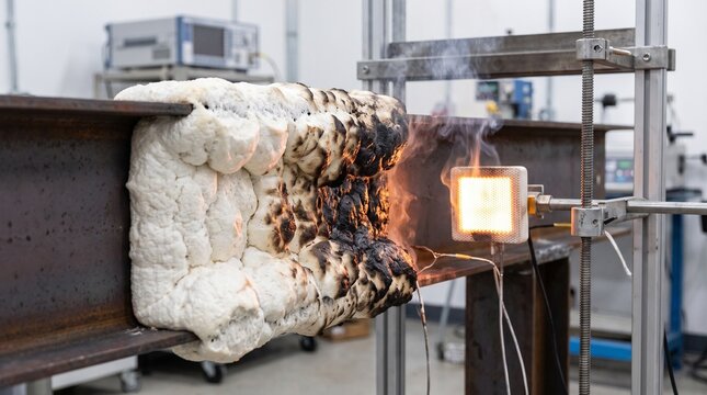 Fire retardant intumescent foam coating heat resistance test on structural steel beam in laboratory