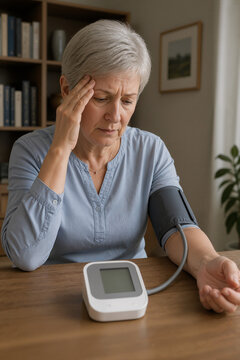 Elderly woman measuring blood pressure with monitor, showing signs of hypertension and stress while seated at table. Heart health concerns increase for elderly individuals,