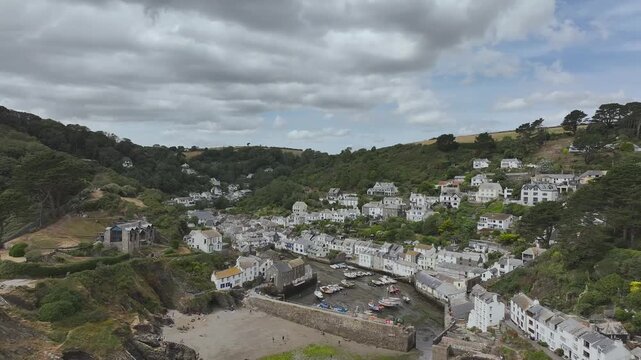 Polperro Harbour and Village from a drone, Polperro, Looe, Cornwall, England