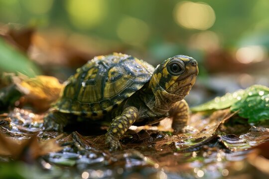 Tiny hatchling Terrapene ornata on forest floor, close-up of textured carapace and striped markings