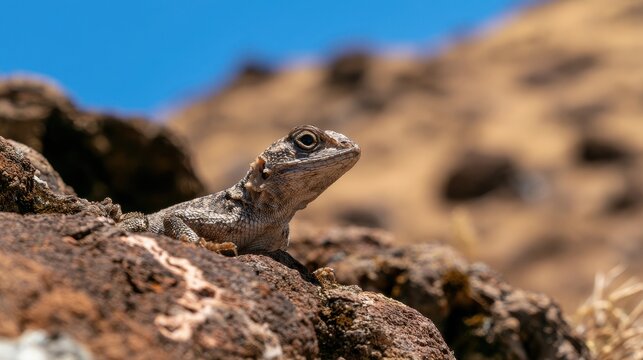 Tiny lizard basking on rugged volcanic rock in Quill Crater, St. Eustatius