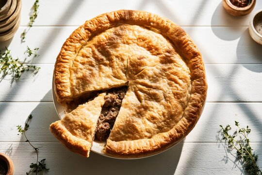Top-down shot of a flaky golden-brown meat pie with sliced wedge and herb garnish