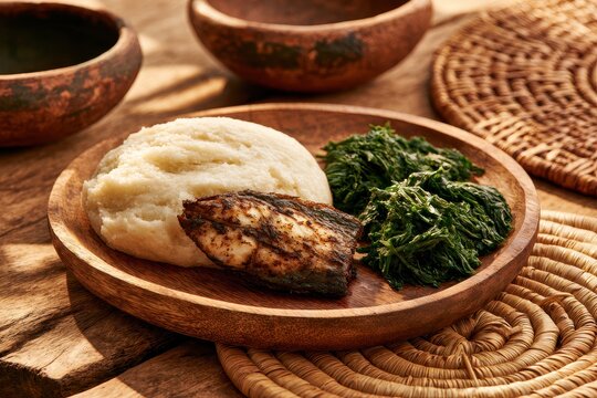 Traditional ugali with fish and greens on a rustic wooden table, warm natural light