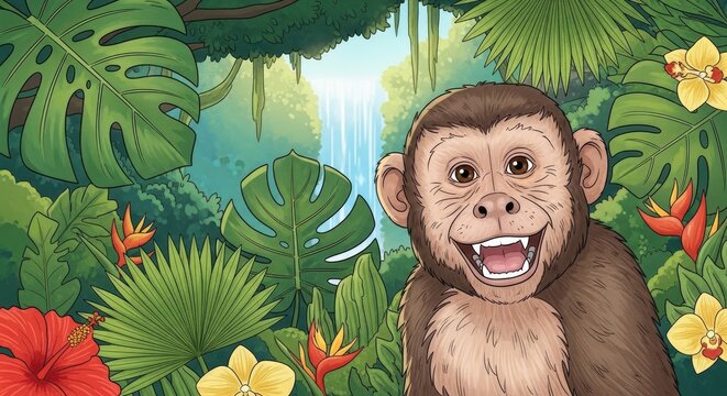 Smiling monkey in lush tropical jungle with waterfall background