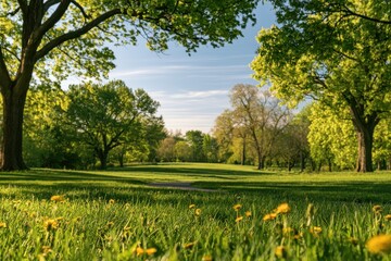 Fototapeta premium Tranquil Spring Greens: Park Meadow with Old Trees and Dandelions Under Soft Morning Light