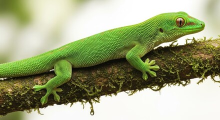 Fototapeta premium Vibrant green gecko with large eyes perched on a moss covered branch in nature