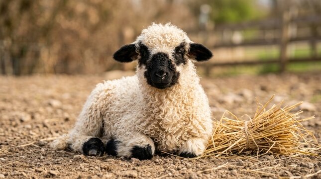 Adorable Valais Blacknose Sheep Lamb Lying Down in Rural Field with Hay
