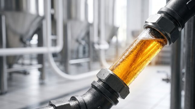 A view shows beer flowing through a clear part of a pipe in a brewing facility. This scene captures the brewing process in action. The setting is busy with brewing equipment