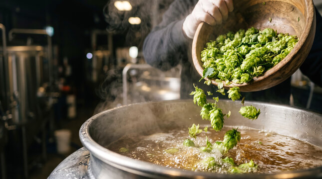 A person is pouring fresh hops into a large pot of boiling wort at a craft brewery. Steam rises from the pot as the brewing process takes place