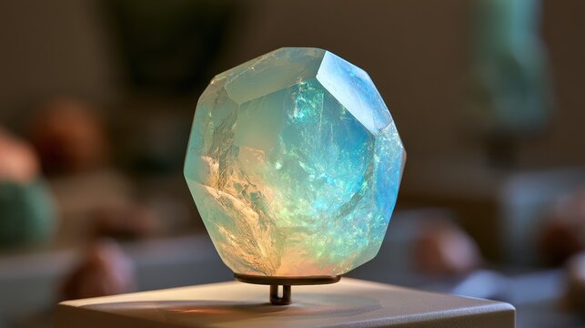 Translucent opalite mineral on a display shelf with soft lighting and iridescent shimmer