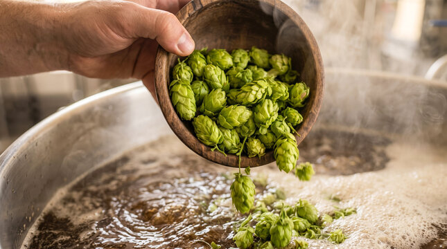 A person adds fresh hop cones to a large boiling pot of wort in a brewery. Steam rises as the hops blend with the liquid. The scene shows the process of making craft beer